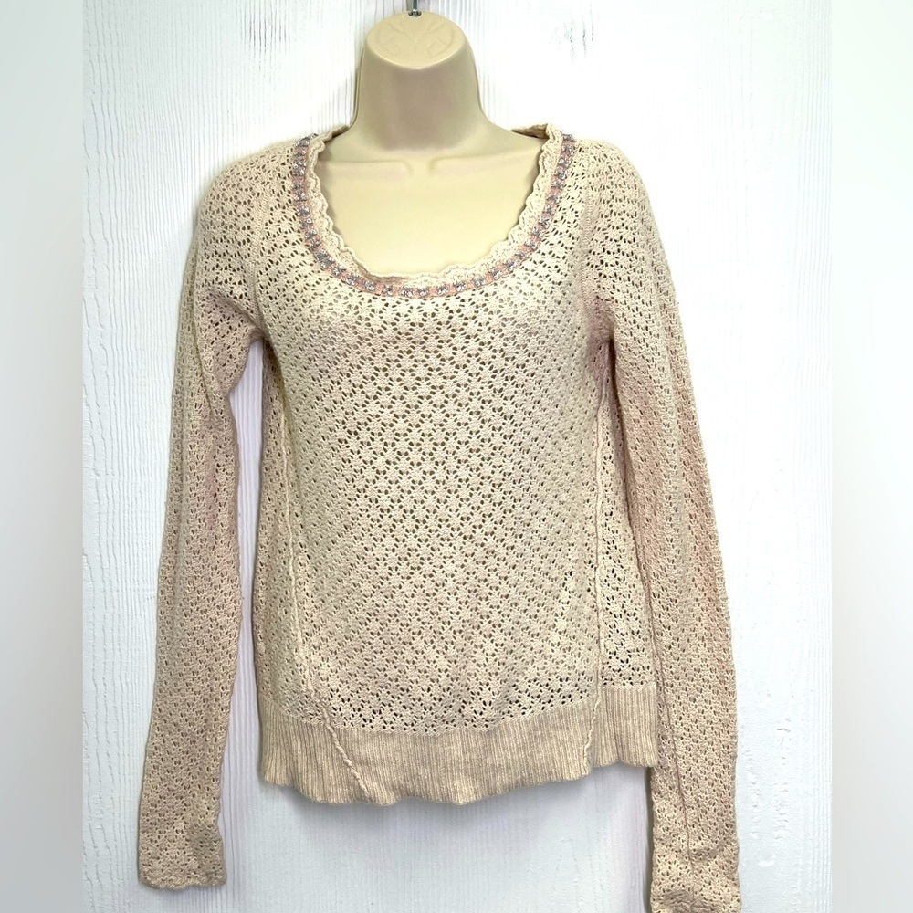 Free People - Ivory Open Knit Jeweled Neckline Tie Back Long Sleeve Sweater M